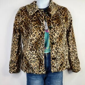 Luii Faux Fur Leopard Animal Print Classic Fall peplum jacket coat Brown Black S